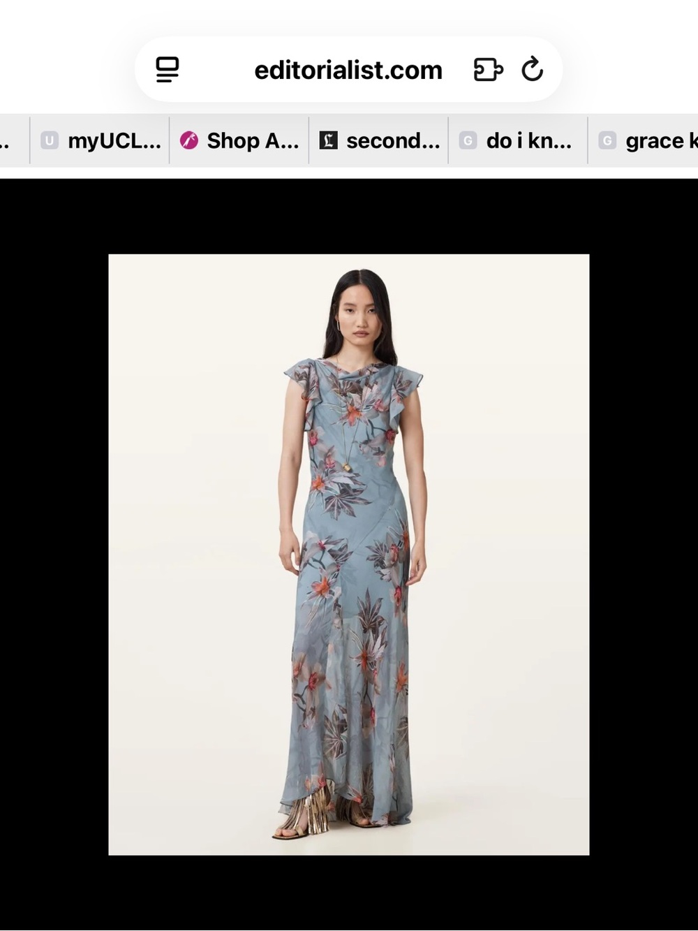 All Saints Aden Flora Crinkle Silk Blend Dusty Blue Stretch Maxi Dress